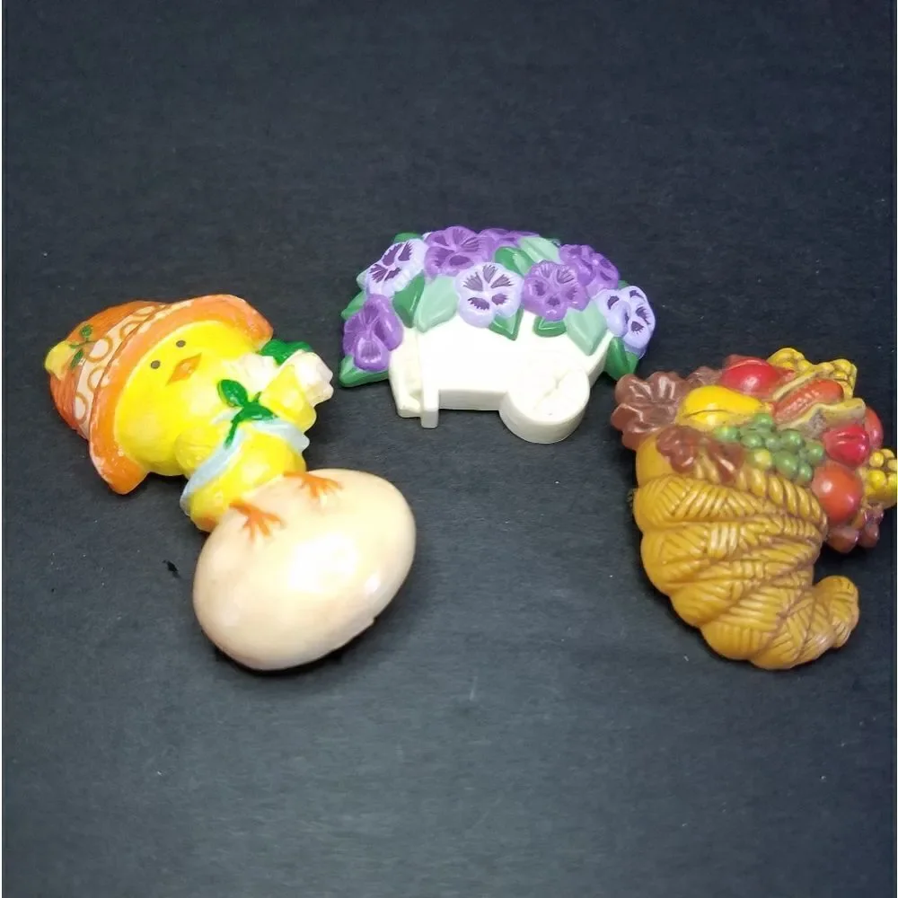 Set of 3 Vintage Hallmark 70's 80's Pins Cornucopia Pansie Cart Spring Chicken